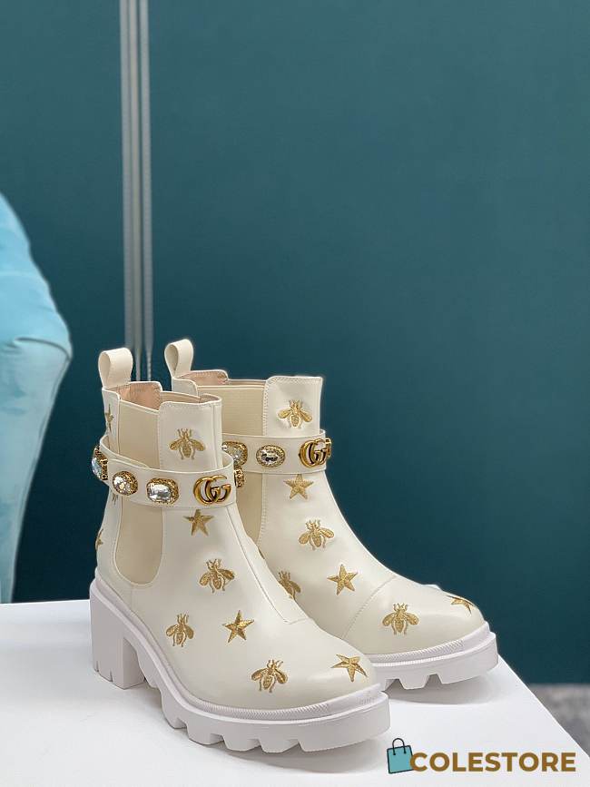 Gucci Embroidered Leather Ankle Boots In White - 1