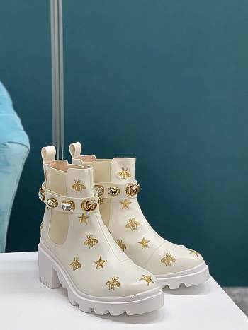 Gucci Embroidered Leather Ankle Boots In White