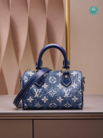 Louis Vuitton Nano Denim Speedy In Navy Leather 16x10x7.5 cm 