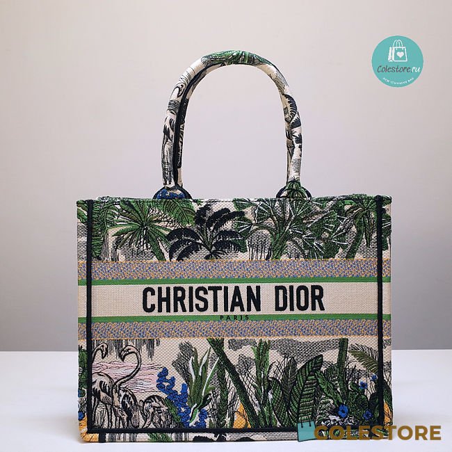 Dior Book Tote Bag In Green Toile De Jouy Tropicalia 41x32x5 cm - 1