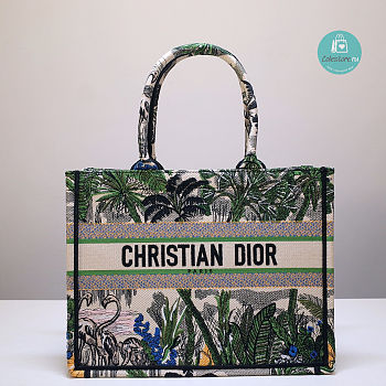 Dior Book Tote Bag In Green Toile De Jouy Tropicalia 41x32x5 cm
