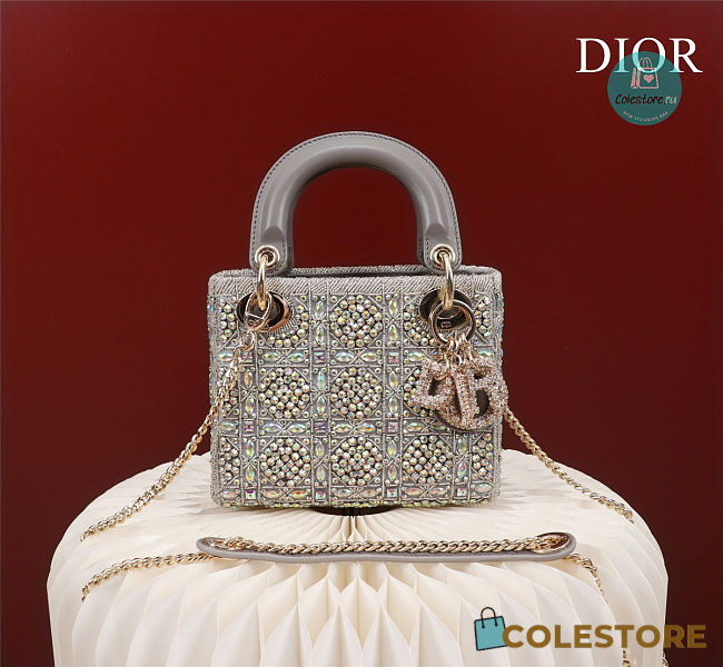 Mini Lady Dior Bag Gray Calfskin And Satin with Bead Embroidery 17x15x7cm - 1
