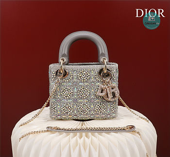 Mini Lady Dior Bag Gray Calfskin And Satin with Bead Embroidery 17x15x7cm