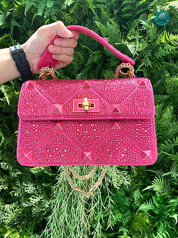 Valentino Garavani - Crystal Embellished Roman Stud Shoulder Bag In Pink  24 x 16 x 8 cm