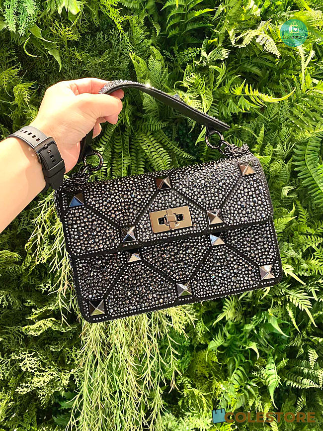 Valentino Garavani - Crystal Embellished Roman Stud Shoulder Bag In Black 24 x 16 x 8 cm - 1