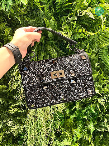 Valentino Garavani - Crystal Embellished Roman Stud Shoulder Bag In Black 24 x 16 x 8 cm