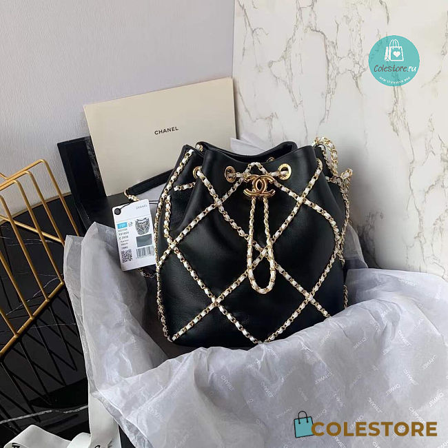 Chanel Drawstring Bucket Bag Lambskin In Black 21x23x13cm - 1