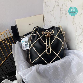 Chanel Drawstring Bucket Bag Lambskin In Black 21x23x13cm