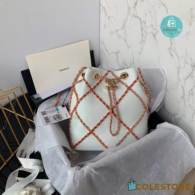 Chanel Drawstring Bucket Bag Lambskin In White 21x23x13cm - 1