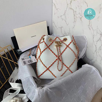 Chanel Drawstring Bucket Bag Lambskin In White 21x23x13cm