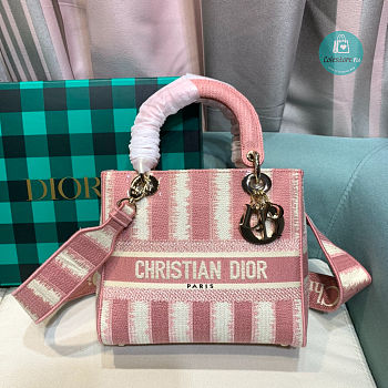 Dior Medium Lady D-Lite Bag Pink Stripes Embroidery 24x20x11 cm