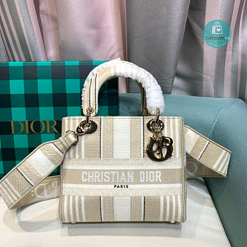 Dior Medium Lady D-Lite Bag Beige Stripes Embroidery 24x20x11 cm