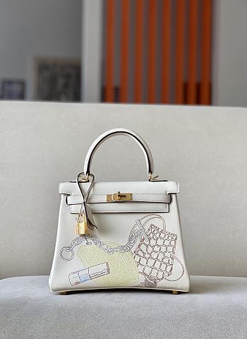 Hermes Kelly Inner Stitch Handbag In White Swift Leather Satchel 25x17x7cm