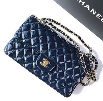 Chanel Classic Flap Bag Patent Leather In Navy Gold/Silver Hardware 25x16x8 CM
