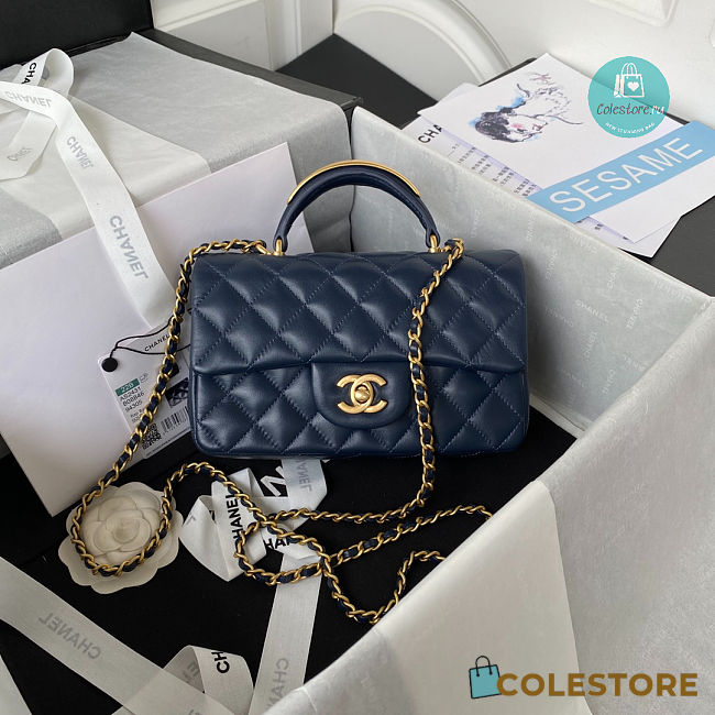 Chanel Mini Flap Bag with Top Handl Lambskin Leather In Navy 12 × 20 × 6 cm - 1