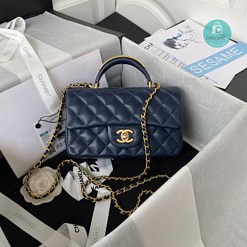 Chanel Mini Flap Bag with Top Handl Lambskin Leather In Navy 12 × 20 × 6 cm