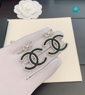 Chanel Hoop Crystal Drop Black CC  With Bow Earrings 