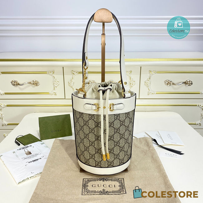 Gucci Horsebit 1955 Small Bucket Bag Canvas in White 14x19x14cm - 1