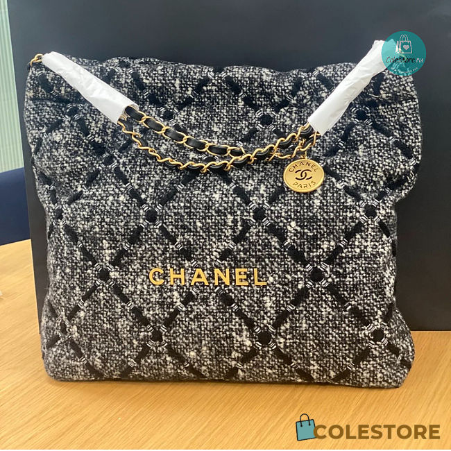 Chanel 22 Handbag Wool Tweed & Gold-Tone Metal Black & Ecru 39x42x8cm - 1