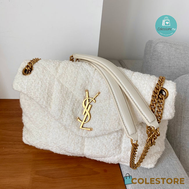 YSL Loulou Puffer Quilted Tweed Shoulder Bag In White 23×15.5×8.5cm - 1