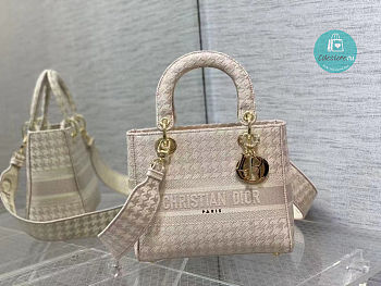 Medium Dior Lady D-lite Bag Rose Des Vents Houndstooth Embroidery 24x20x11 cm