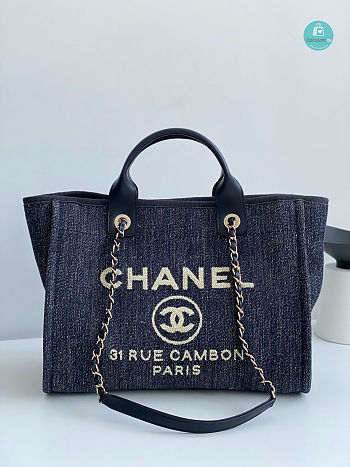 Chanel Deauville Shopping Bag In Dark Blue 40x34x26cm