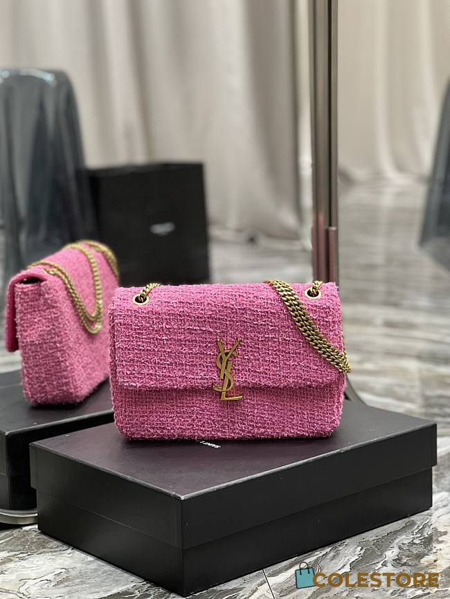 YSL Jamie Medium Patchwork Boucle Tweed Shoulder Bag Pink 24×15.5×6.5cm - 1