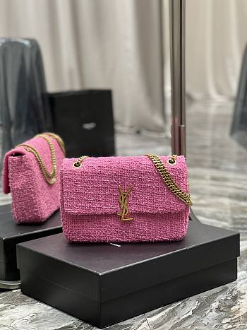 YSL Jamie Medium Patchwork Boucle Tweed Shoulder Bag Pink 24×15.5×6.5cm