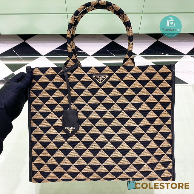  Prada Large Symbole Jacquard Fabric Handbag Black/Beige 39x31x11cm - 1