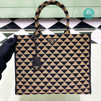  Prada Large Symbole Jacquard Fabric Handbag Black/Beige 39x31x11cm
