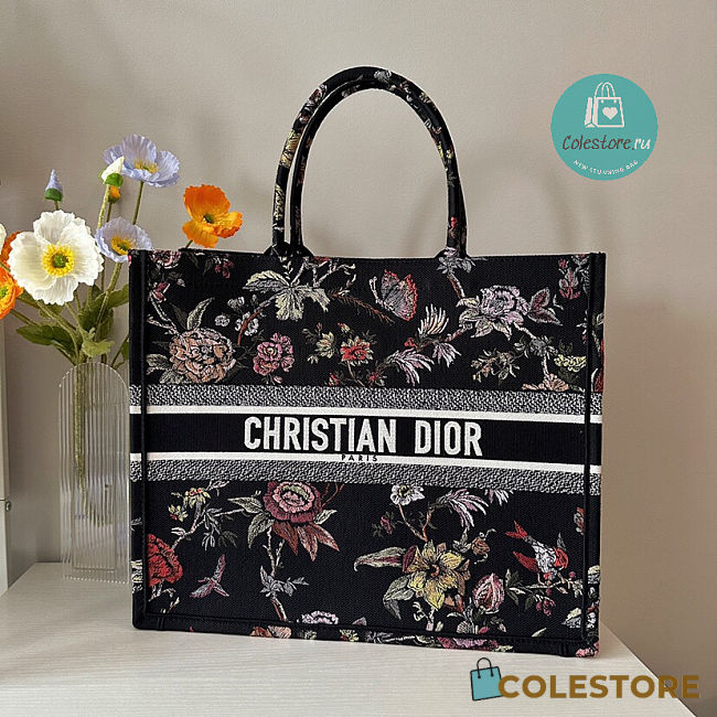 Large Dior Book Tote Black Multicolor Jardin Botanique Embroidery 42 x 35 x 18.5 cm  - 1