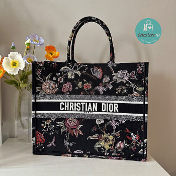 Large Dior Book Tote Black Multicolor Jardin Botanique Embroidery 42 x 35 x 18.5 cm 