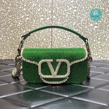 Valentino Garavani Locò Crystals Small Shoulder Bag In Green 20x11x5 cm
