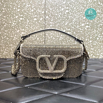 Valentino Garavani Locò Crystals Small Shoulder Bag In Grey 20x11x5 cm