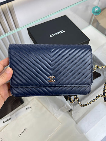 Chanel Navy Chevron Lambskin Leather Classic WOC Clutch Bag 19×12.5×3.5cm
