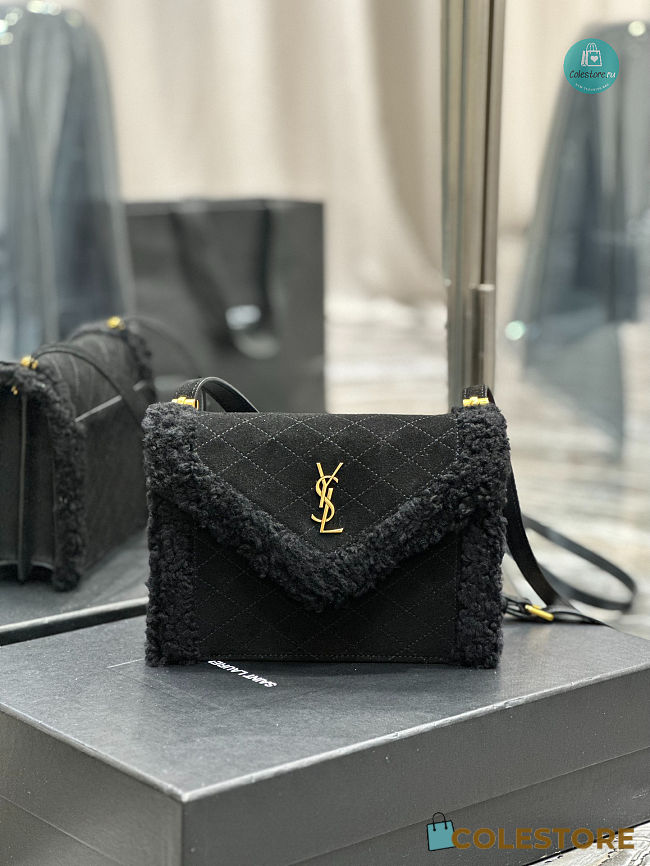 YSL Gaby Satchel In Quilted Suede And Shearling Ibn Black 20×14.5×4.5cm - 1