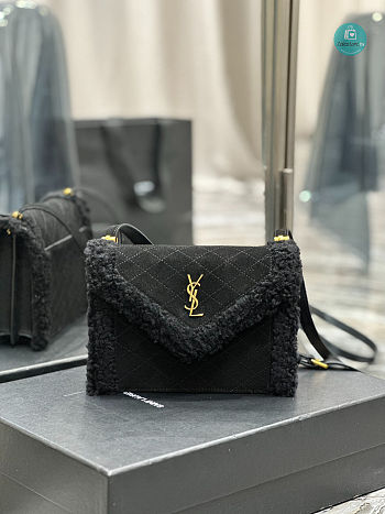 YSL Gaby Satchel In Quilted Suede And Shearling Ibn Black 20×14.5×4.5cm