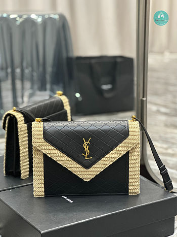 YSL Gaby Raffia-Trimmed Quilted Leather Shoulder Bag 26×18×5cm
