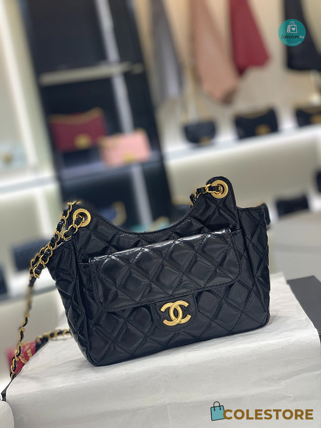 Chanel Hobo Bag In Black 21.5x22.5x7cm - 1