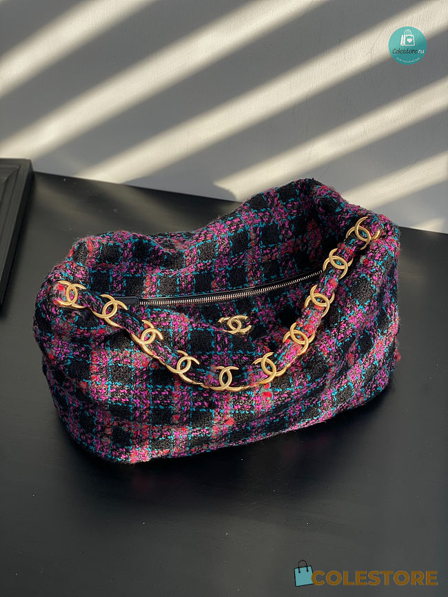 Maxi Size Hobo Bag Wool Tweed Fabric & Gold Plated Metal Multicolor 27 × 45 × 16 cm - 1