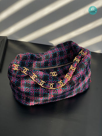 Maxi Size Hobo Bag Wool Tweed Fabric & Gold Plated Metal Multicolor 27 × 45 × 16 cm