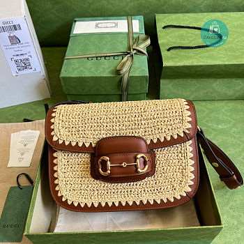 Gucci Women's Metallic Horsebit 1955 Raffia-effect Shoulder Bag 25x18x8cm