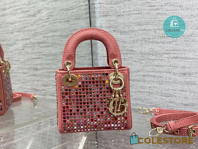 Lady Dior Micro Bag Dark Pink Metallic Canvas With Multicolor Crystal 12x10.2x2 cm - 1