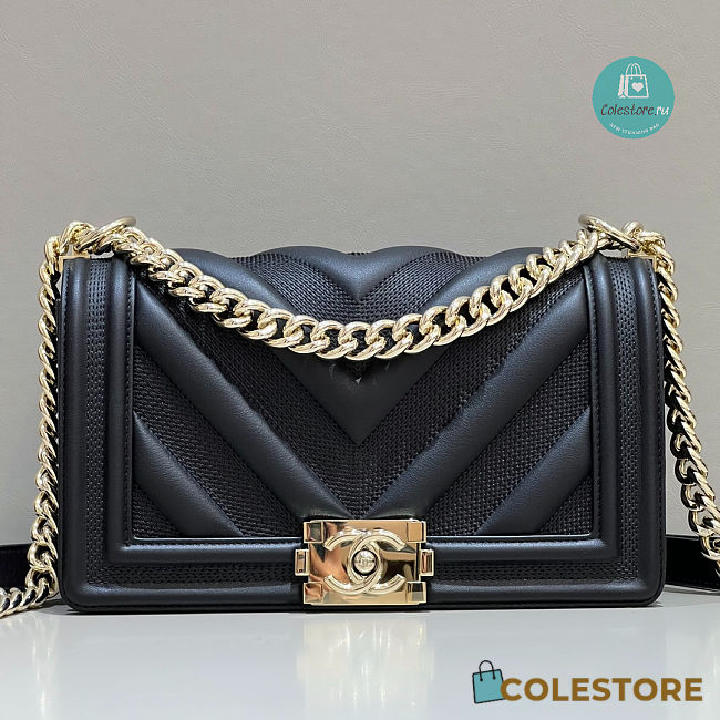 Chanel LEBOY Chevron Original Feta Leather Black Light Gold Buckle 25cm - 1