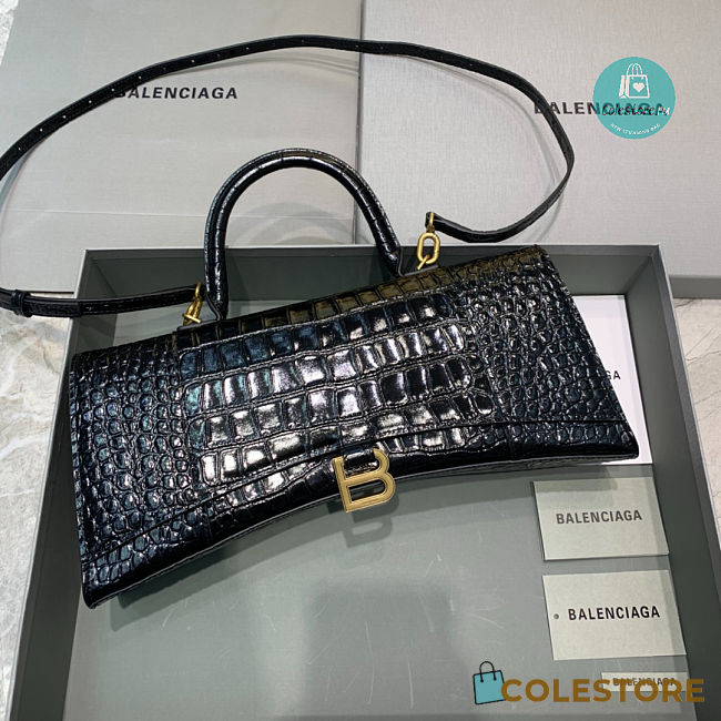 Colestore Balenciaga Long Hourglass Shoulder Bag Crocodile Pattern In Black Gold Chain 6x15x35cm - 1