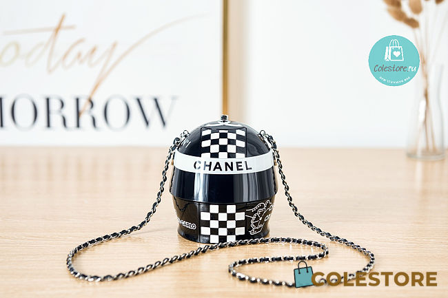 Chanel HELMET MINAUDIERE Resin, Strass, Silver Metal black White 9x10x11cm - 1
