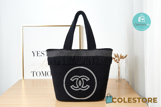 CHANEL Terry Cotton CC Beach Tote Towel Set Black  - 1