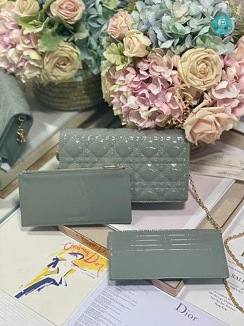 LADY DIOR POUCH Grey Des Vents Patent Cannage Calfskin 21.5 x 11.5 x 3 cm