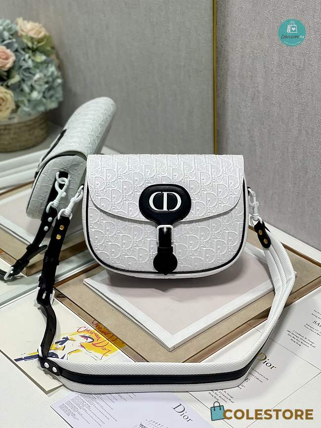 Christian Dior Calfskin Perforated Oblique Medium Bobby Flap White Black 23×18×7 cm  - 1