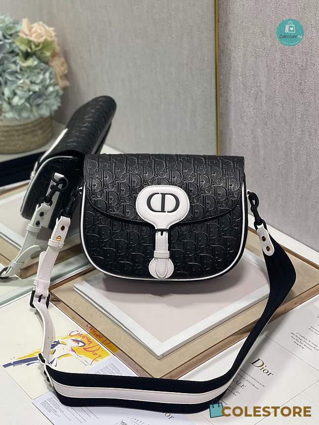 Christian Dior Calfskin Perforated Oblique Medium Bobby Flap Black White 23×18×7 cm - 1